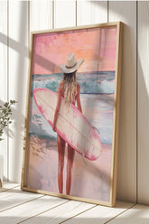 Sahildeki Sörfçü Kadın Yağlı Boya Tarzı Şık Tablo