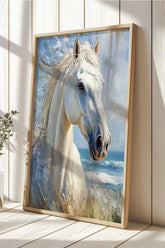 Sahildeki Beyaz At Yağlı Boya Tarzı Şık Tablo