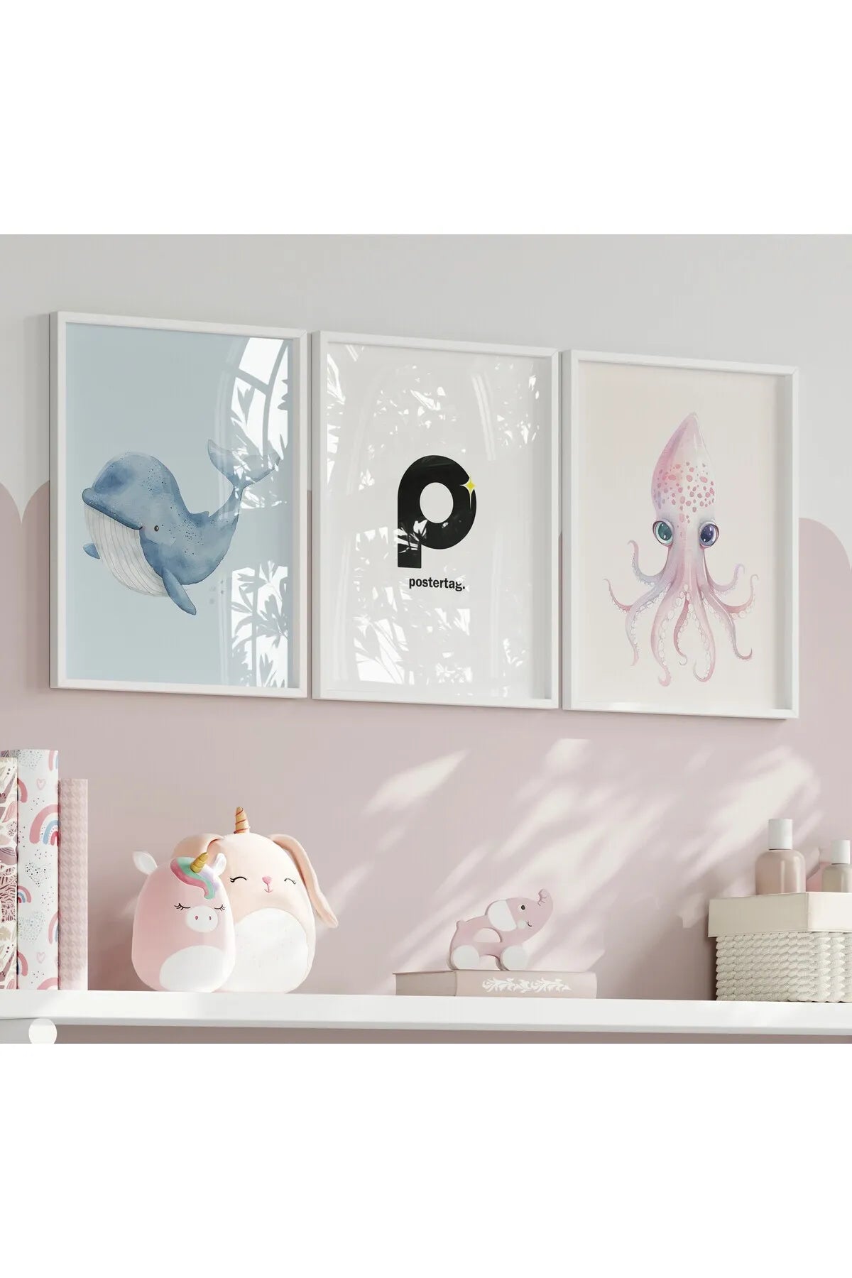 Sevimli Pembe Ahtapot & Mavi Balina İskandinav Tarzı 2'li Poster Seti