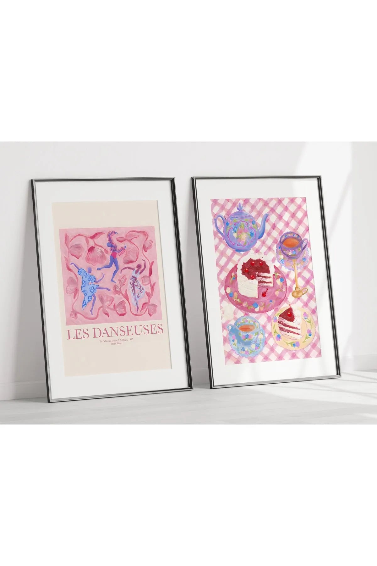 Modern Estetik Pembe Çay Seti 2'li Poster Seti
