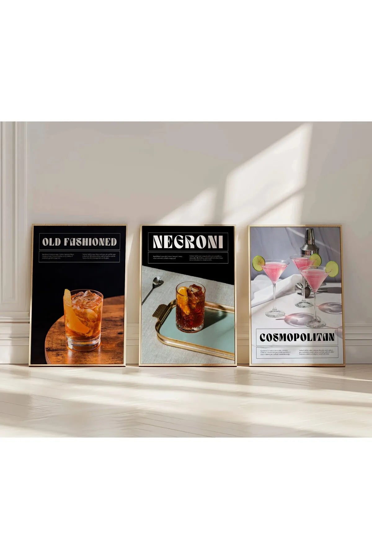Negroni & Old Fashioned & Cosmopolitan 3'lü Estetik Kokteyl Poster Seti