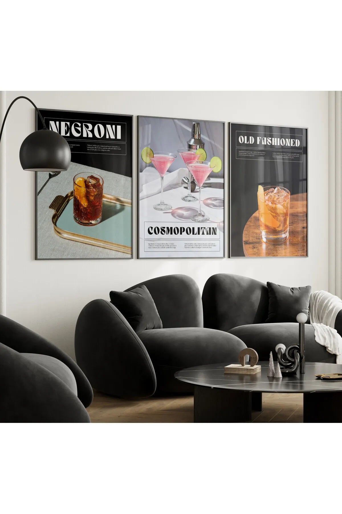 Negroni & Old Fashioned & Cosmopolitan 3'lü Estetik Kokteyl Poster Seti