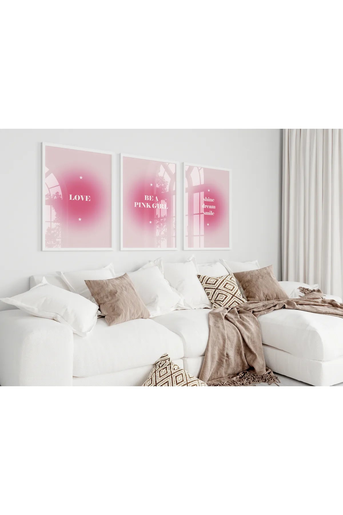 Pembe Temalı Pozitif Enerji-Olumlu 3'lü Şık Poster Seti