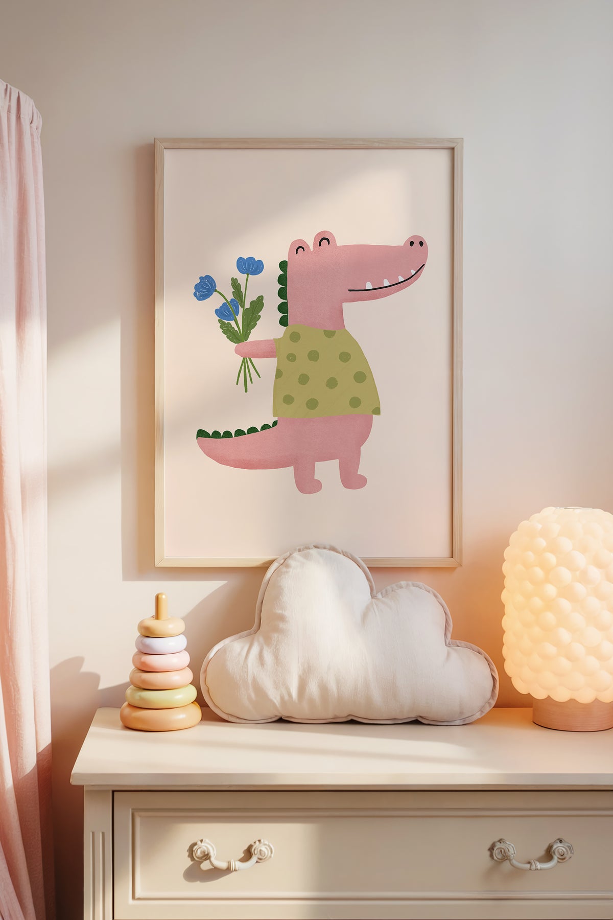 Romantik Dino Çocuk Odası Dekoru,El Yapımı Görünümlü İskandinav Tablo