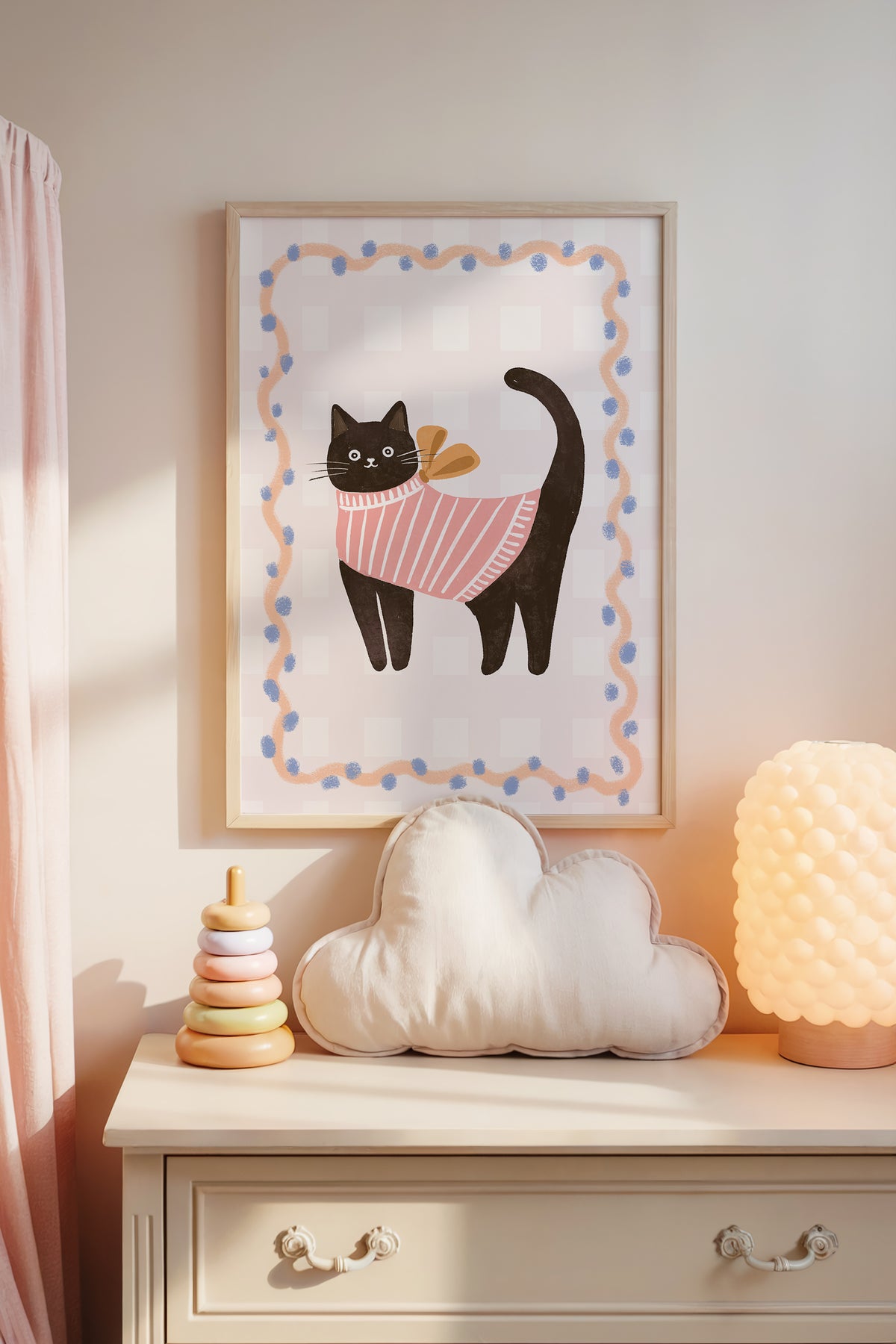 Tekli Hırkalı Kedi Çocuk Odası Dekoru, El Yapımı Görünümlü İskandinav Tablo